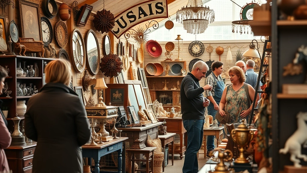 Close-up of vendor booth displaying vintage antiques, collectible items, and decorative merchandise with customers examining products, warm natural lighting highlighting product details and booth organization