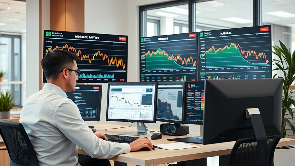 Modern real estate office with mortgage rate display screens showing declining trend lines, professional agents reviewing market data on computers, contemporary business setting with charts and analytics visible