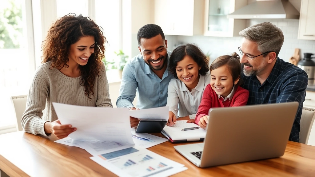 Diverse family group at kitchen table reviewing home purchase documents with calculator and laptop, bright natural lighting, financial planning materials spread out, happy expressions discussing affordability