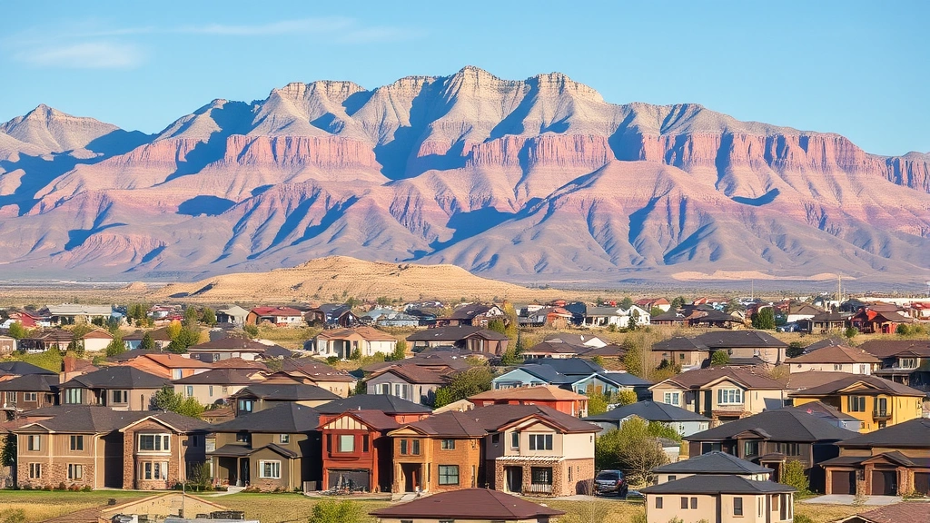 Utah mountain landscape with suburban neighborhood homes in foreground, modern residential development with various architectural styles, clear skies, showing regional growth and community development
