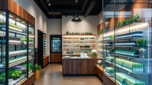 Modern cannabis retail storefront interior with professional display shelving, product arrangements, and welcoming customer service environment, contemporary store design