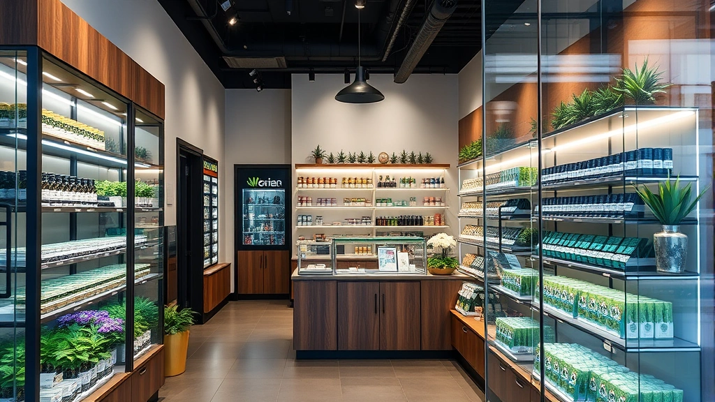 Modern cannabis retail storefront interior with professional display shelving, product arrangements, and welcoming customer service environment, contemporary store design