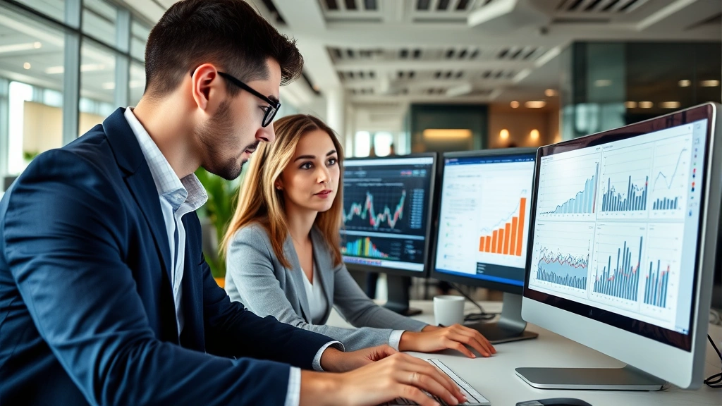 Business professionals reviewing market data and analytics charts on computer screens in corporate office setting, analyzing growth metrics and expansion plans