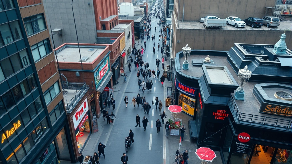 Aerial view of urban retail district showing multiple retail locations and street-level commercial spaces with high foot traffic and population density