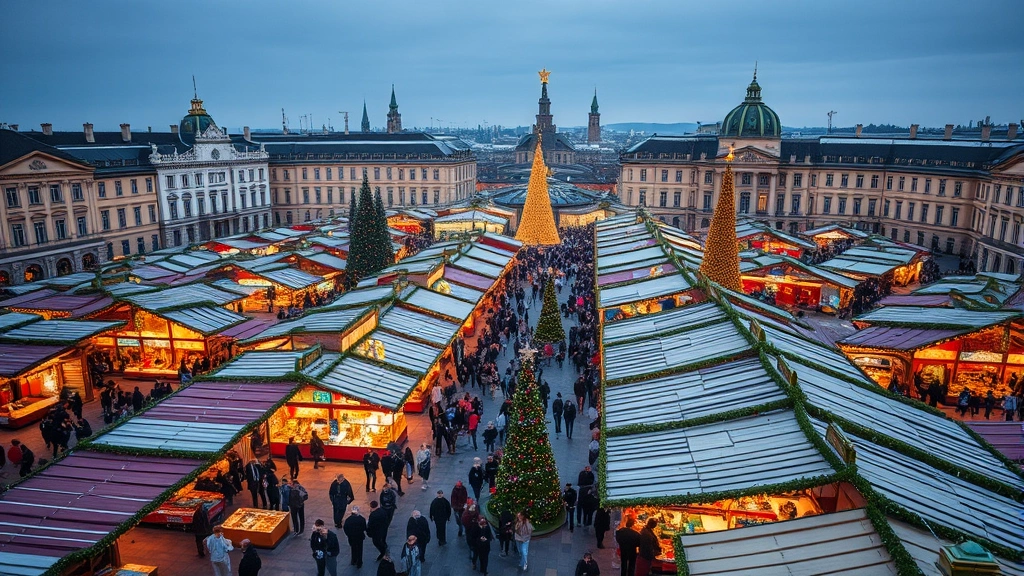 Aerial view of Vienna Christmas market with hundreds of vendor stalls, twinkling lights, and crowds of shoppers browsing ornaments and decorations, professional retail environment