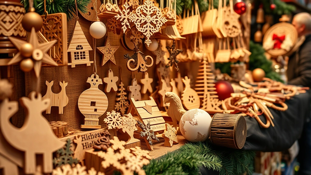 Close-up of artisan vendor displaying handcrafted wooden ornaments and decorative items at Vienna Christmas market booth, showing product quality and craftsmanship details