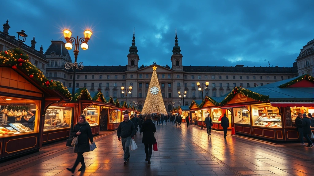 Wide shot of Vienna's Stephansplatz Christmas market at dusk with illuminated vendor stalls, festive lights reflecting on wet pavement, shoppers walking between stalls carrying shopping bags