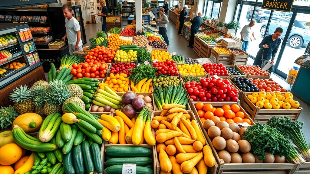 Overhead shot of colorful fresh produce display with various fruits and vegetables arranged in wooden crates at a local grocery market, natural lighting from storefront windows, customers visible in background shopping