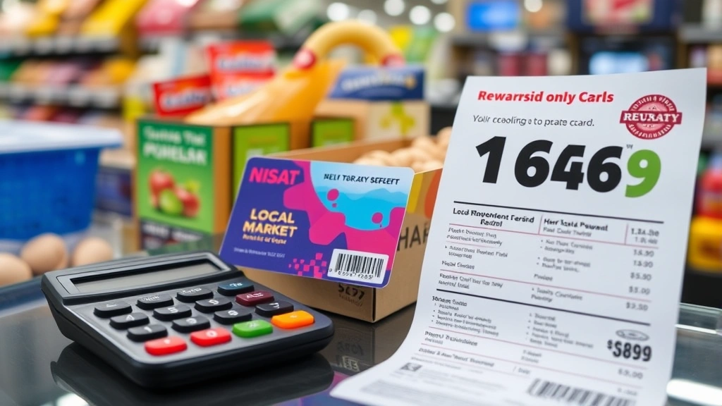 Close-up of loyalty card and promotional flyer on checkout counter with grocery items, calculator, and receipt, showing local market pricing and rewards program benefits