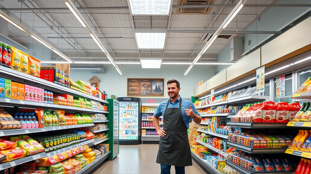 Interior wide shot of modern local grocery store with well-organized aisles, product displays, friendly staff member in apron helping customer, bright overhead lighting, community bulletin board visible with local event posters