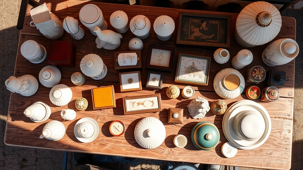 Overhead flat-lay of vintage market booth displaying 1950s porcelain figurines, antique jewelry boxes, and mid-century ceramic pieces arranged artistically on weathered wooden table with natural sunlight creating shadows