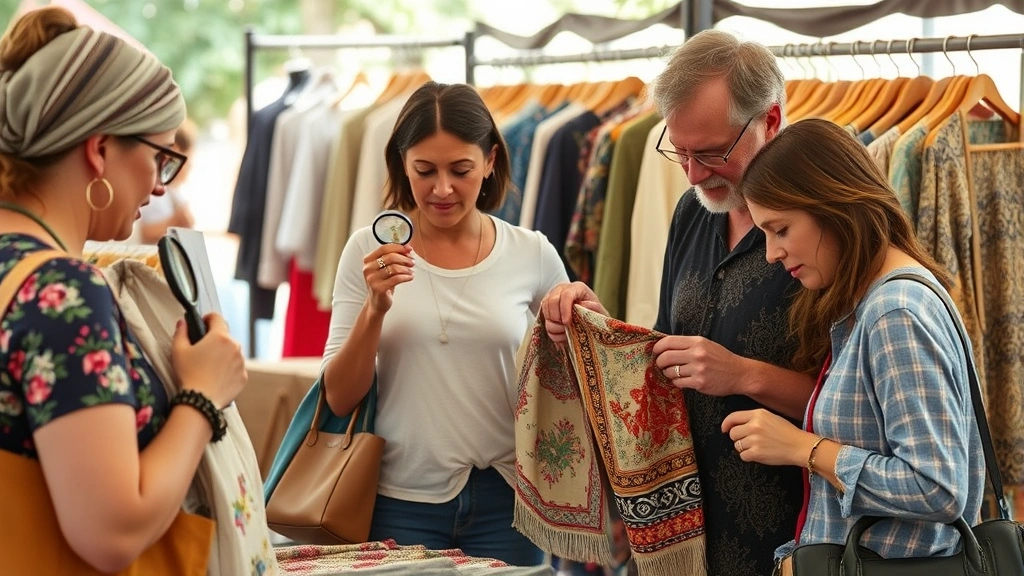 Diverse shoppers carefully examining vintage textile items at outdoor market, holding fabrics up to natural light, magnifying glasses in hand, vintage clothing racks visible in background, natural candid moment