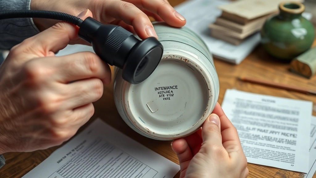 Close-up detail shot of expert hands using magnification loupe to inspect maker's mark on bottom of vintage ceramic piece, wooden sorting table with authentication notes and reference materials surrounding item