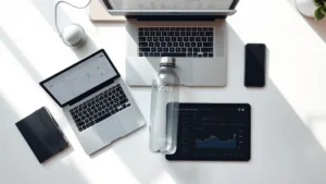 Overhead view of a sleek Voss water bottle on a minimalist white desk with laptop, smartphone, and analytics dashboard visible, natural sunlight streaming across, modern office aesthetic