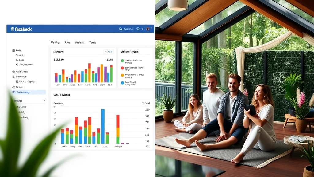 Split-screen comparison showing Facebook advertising dashboard metrics on left side with colorful charts and KPI data, and lifestyle imagery of young professionals at wellness retreat on right side, contemporary design