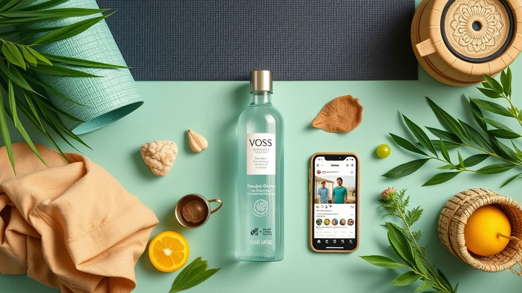 Flat lay composition featuring Voss bottle centered among wellness items including yoga mat corner, organic food items, sustainable bamboo accessories, and smartphone displaying social media feed, eco-conscious lifestyle theme