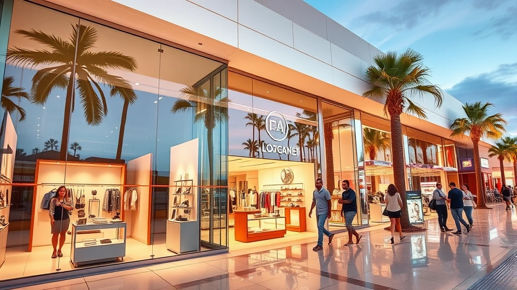 Luxury retail storefront in upscale beach destination with modern glass facade, premium brand displays, and well-dressed shoppers browsing, warm tropical lighting reflecting off polished surfaces