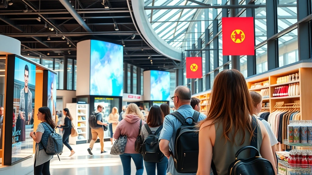 Diverse group of tourists shopping at contemporary retail environment with digital displays, interactive technology, and vibrant merchandise, natural daylight streaming through large windows