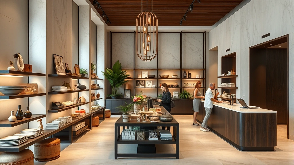 Upscale hotel lobby retail area featuring local artisan products, premium goods, and sophisticated design, with concierge service desk and customers making purchases, tropical minimalist aesthetic