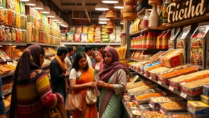 Diverse shoppers browsing Indian spices and dry goods in a specialty market, selecting products from colorful packaging, warm retail lighting, authentic grocery atmosphere