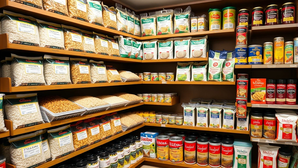 Organized shelves displaying basmati rice varieties, lentils, flour bags, and spice containers in a well-lit specialty food store, professional retail merchandising