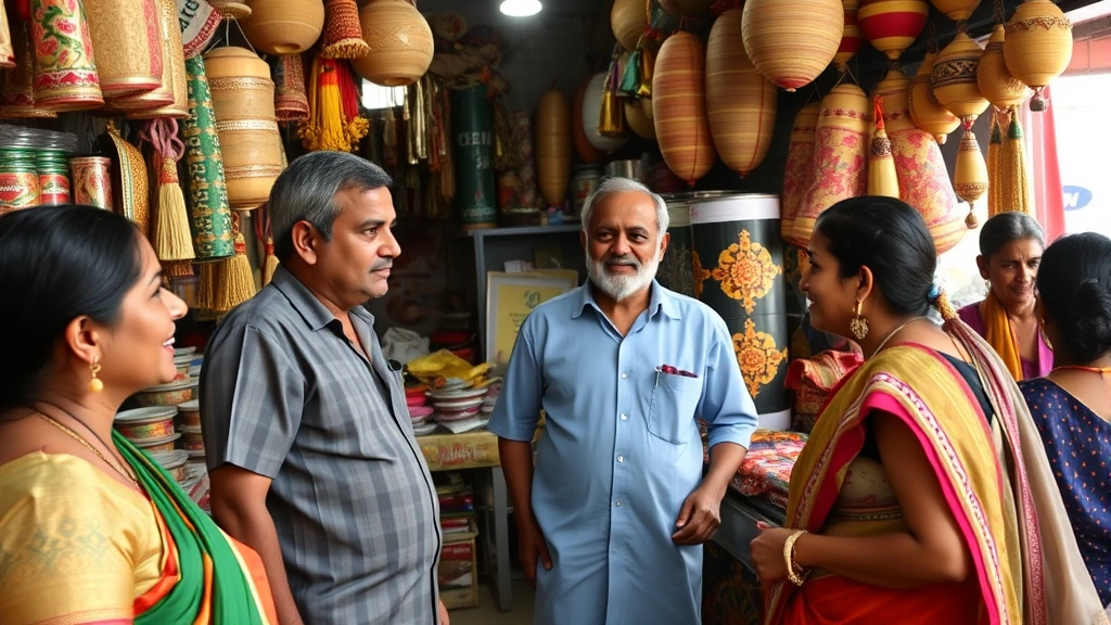 Owner and customers conversing in an Indian market store, cultural products displayed, community engagement scene, authentic neighborhood retail setting