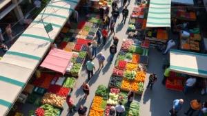 Aerial view of bustling farmer's market with vendor stalls, fresh produce displays, diverse shoppers browsing, natural sunlight, community gathering atmosphere, vibrant colors from vegetables and fruits