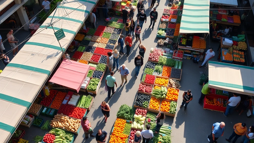 Aerial view of bustling farmer's market with vendor stalls, fresh produce displays, diverse shoppers browsing, natural sunlight, community gathering atmosphere, vibrant colors from vegetables and fruits