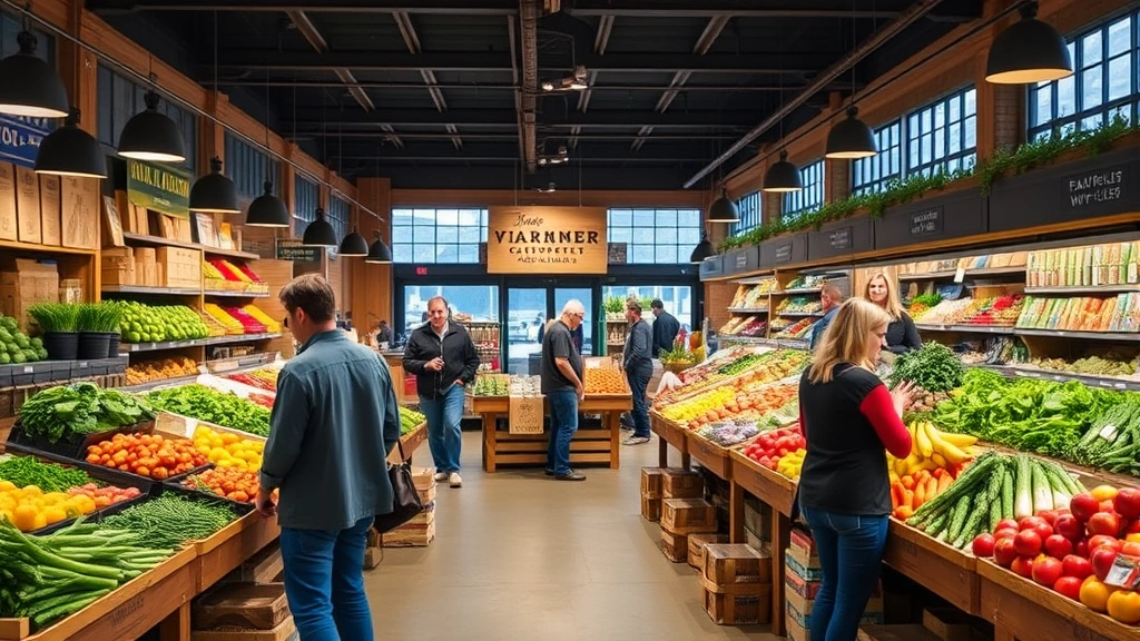 Cooperative retail market with diverse fresh produce displays, customers selecting local products, warm lighting emphasizing community gathering space, farmer interaction visible