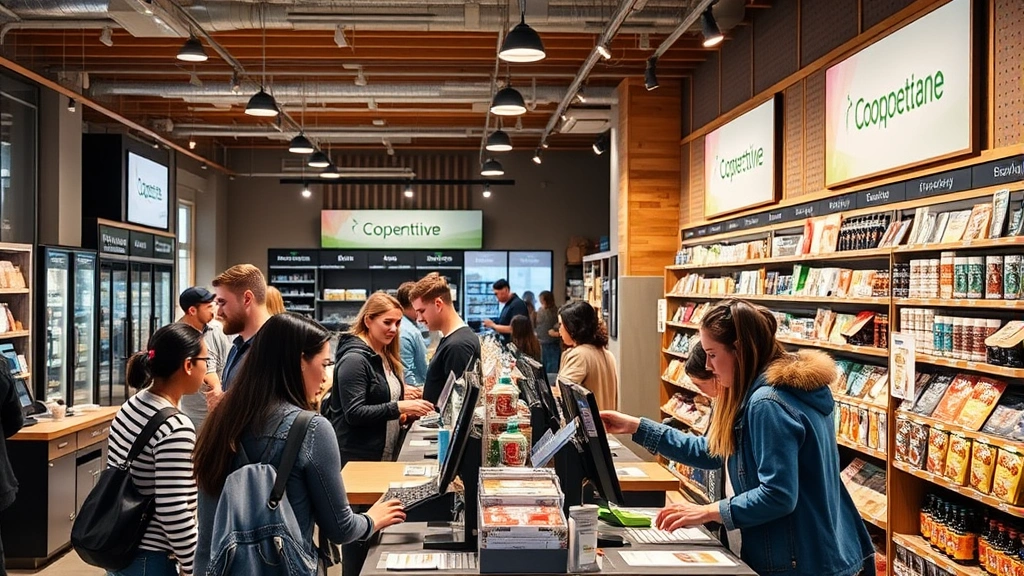 Modern retail checkout area blending technology with warm community atmosphere, diverse customers completing transactions, local product displays, cooperative values signage visible