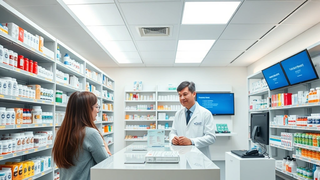 Modern pharmacy interior with clean shelves of medications, professional pharmacist in white coat consulting with customer at counter, bright fluorescent lighting, organized medication displays, digital screens showing services