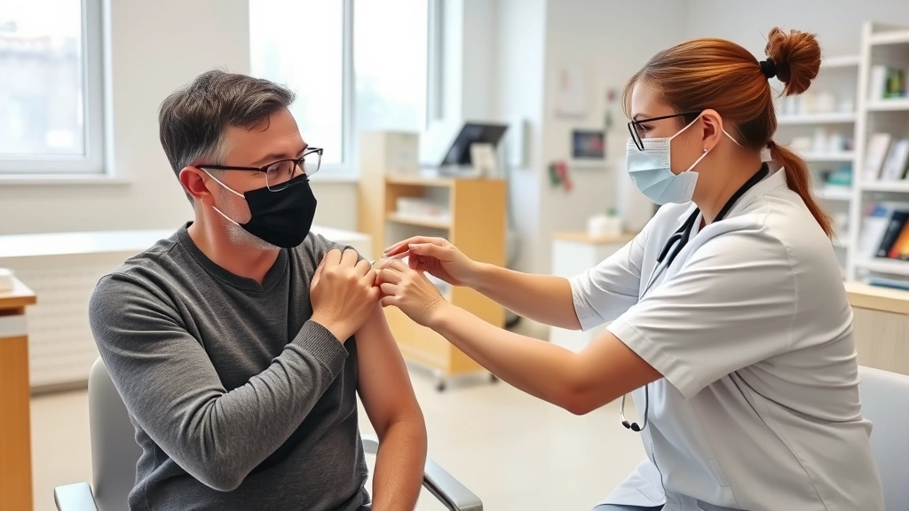Healthcare professional administering vaccine to adult patient in pharmacy consultation room, sterile medical environment, both wearing masks, calm professional setting, natural lighting through windows, medical equipment visible
