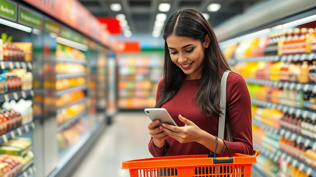 Professional photograph of a diverse woman reviewing grocery deals on smartphone while holding shopping basket in modern grocery store aisle with colorful products visible in background