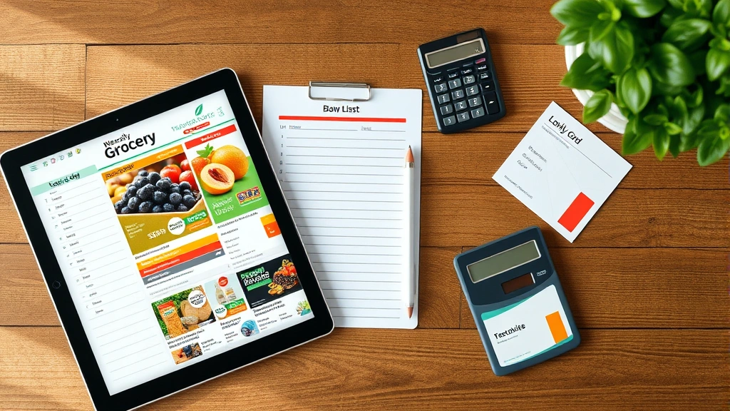 Overhead flat-lay composition showing digital tablet displaying weekly grocery ad next to organized shopping list, calculator, and loyalty card on wooden table with natural lighting