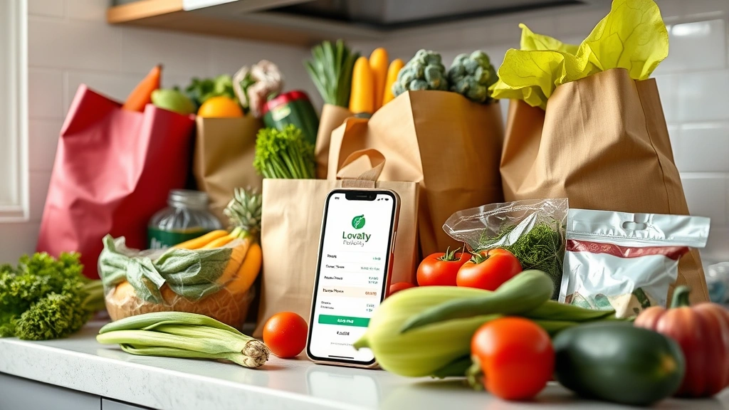 Dynamic image of organized grocery bags and fresh produce including vegetables and packaged items arranged on kitchen counter with smartphone showing loyalty app in foreground