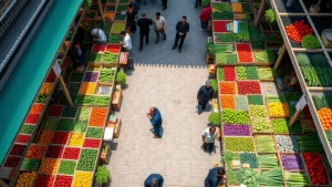 Overhead view of a bustling farmers market with colorful produce displays, vendor booths with fresh vegetables and fruits arranged in wooden crates, shoppers browsing between rows, natural daylight, vibrant greens and earth tones, photorealistic market scene