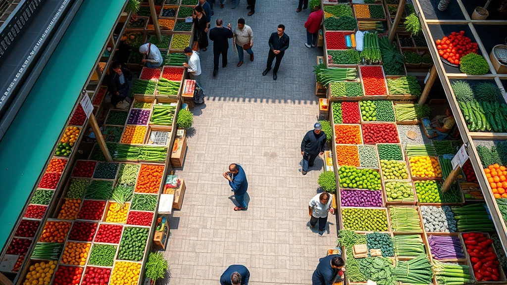 Overhead view of a bustling farmers market with colorful produce displays, vendor booths with fresh vegetables and fruits arranged in wooden crates, shoppers browsing between rows, natural daylight, vibrant greens and earth tones, photorealistic market scene