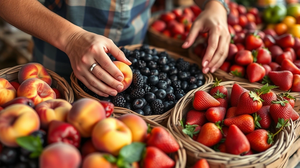 Close-up of farmers market vendor's hands arranging fresh berries and stone fruits in wooden baskets, colorful seasonal produce including peaches and strawberries, natural morning light, professional food display, photorealistic detail shot