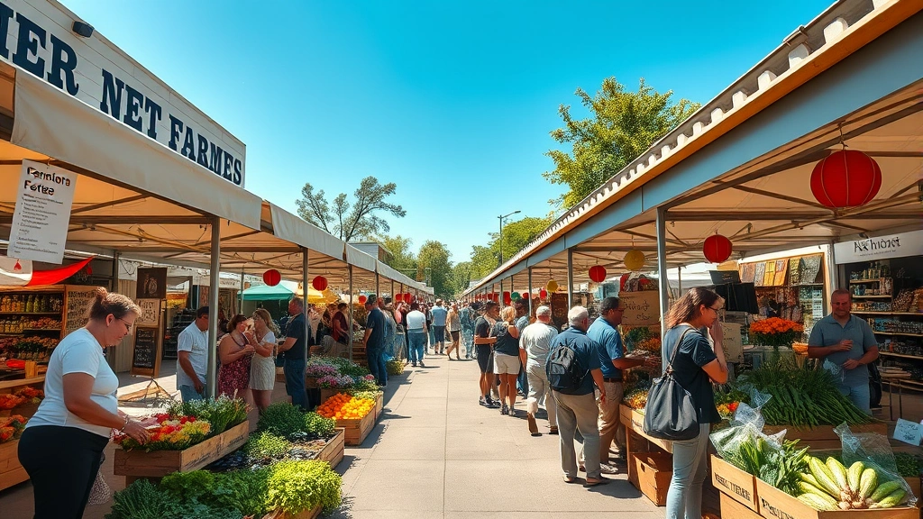 Wide angle of crowded farmers market with multiple vendor stalls, customers shopping and interacting with vendors, fresh flowers and produce visible, community gathering atmosphere, bright daylight, photorealistic urban farmers market scene