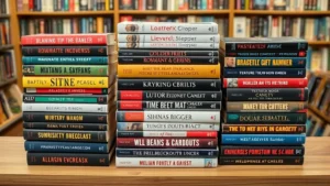 Professional overhead shot of stacked mass market paperback books in various colorful genres—romance, mystery, sci-fi—arranged on a wooden retail shelf with clear visibility of spine text and cover art, natural lighting highlighting the compact 4.25x6.75 inch dimensions, bookstore or retail environment background