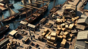 Overhead view of a bustling 1820s port city with sailing ships, wooden docks, merchants in period clothing conducting trade, stacked cargo boxes, vibrant commercial activity, natural daylight, photorealistic historical commerce scene
