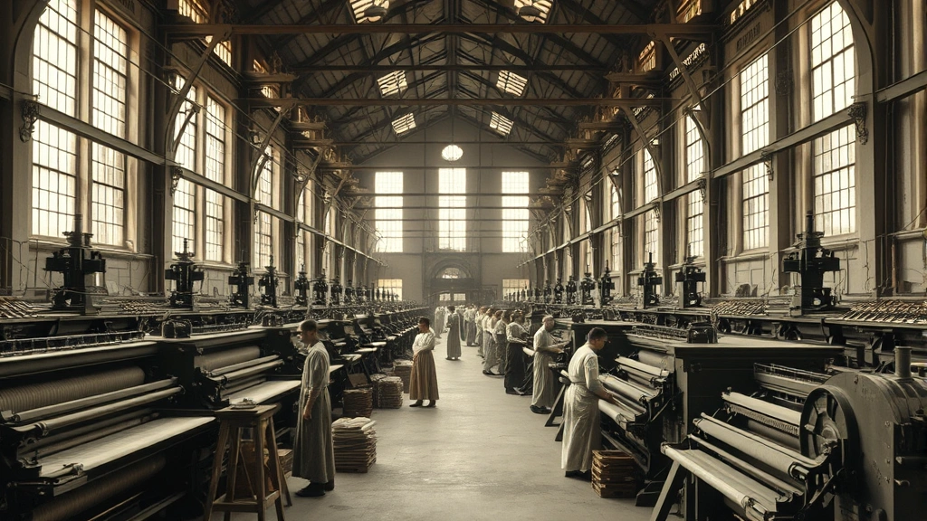 Wide shot of an early textile mill factory floor with large mechanical looms, spinning machinery, multiple workers in period dress operating equipment, industrial architecture with tall windows, natural light streaming in, busy manufacturing environment