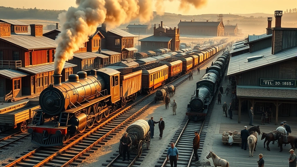 Panoramic view of a 1840s railroad station with steam locomotive, freight cars being loaded with goods, merchants and workers in period clothing, wooden station building, multiple wagons and horses nearby, dynamic commercial transportation hub, golden hour lighting