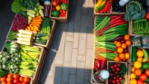 Overhead view of colorful fresh vegetables and produce at a European-style farmers market, with vendors arranging items in wooden crates and baskets, natural morning light creating vibrant colors