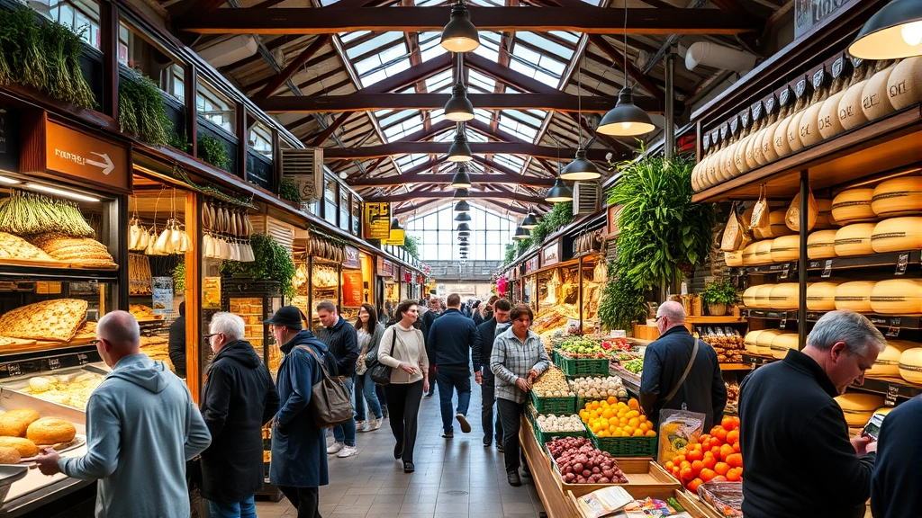 Inside a bustling marketplace with customers browsing vendor stalls displaying fresh baked goods, hanging dried herbs, wheels of cheese, and colorful produce, warm lighting and wooden fixtures throughout
