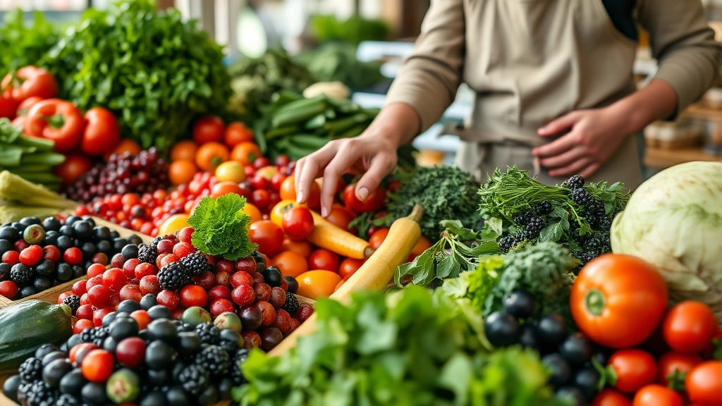 Close-up of hands selecting fresh produce at a market stand, with abundant seasonal vegetables, berries, and herbs visible, vendor in background wearing apron, natural daylight highlighting product quality