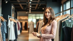 Professional woman shopping in upscale clothing boutique, examining designer dress, natural lighting, confident expression, modern retail environment