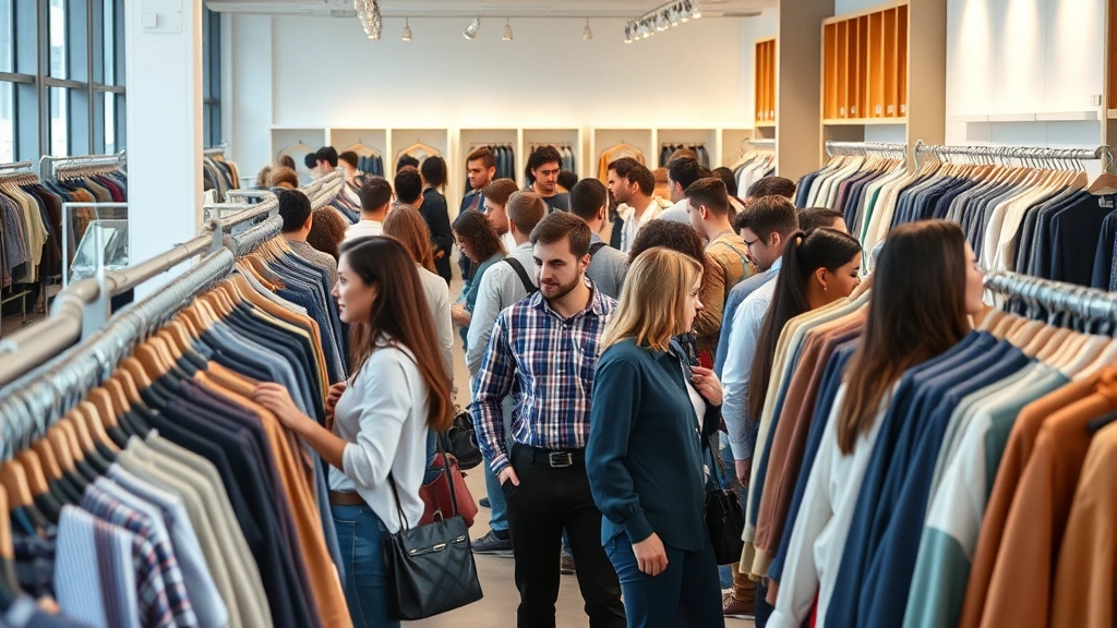 Diverse customers browsing organized clothing racks in contemporary fashion store, professional workwear displayed, modern interior design, daytime lighting