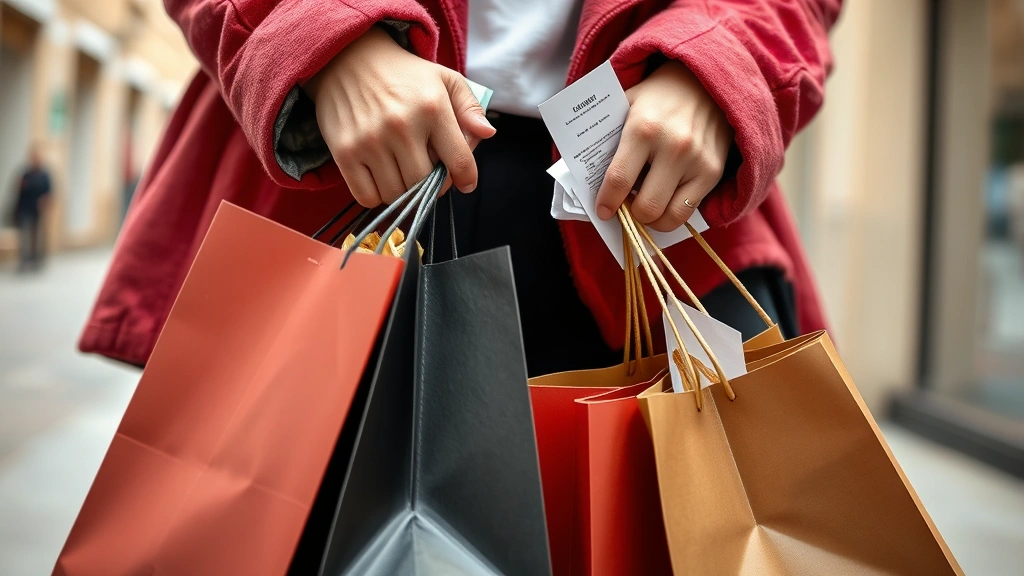 Close-up of hands holding shopping bags with receipts, outdoor urban setting, natural daylight, fashion-forward clothing partially visible in bags
