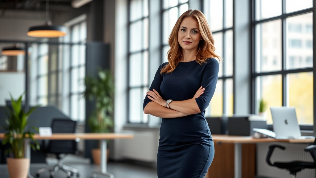 Professional woman wearing fitted navy sheath dress in modern office setting, confident posture, natural lighting through windows, contemporary workspace background